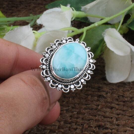 Larimar Top Quality Gemstone Ring, 925 Sterling Silver Ring, Flower Design Silver Ring, Gemstone Ring, Unique Gift For Heretsy cyber