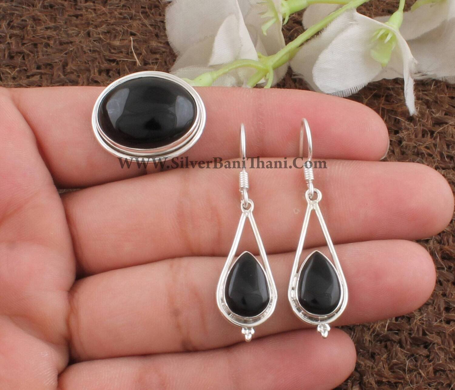 Black Onyx Gemstone Silver Jewelry Set | 925 Sterling Silver Cabochon Stone Jewelry Set For Women | Bridal Wedding Jewelry Gift Idea