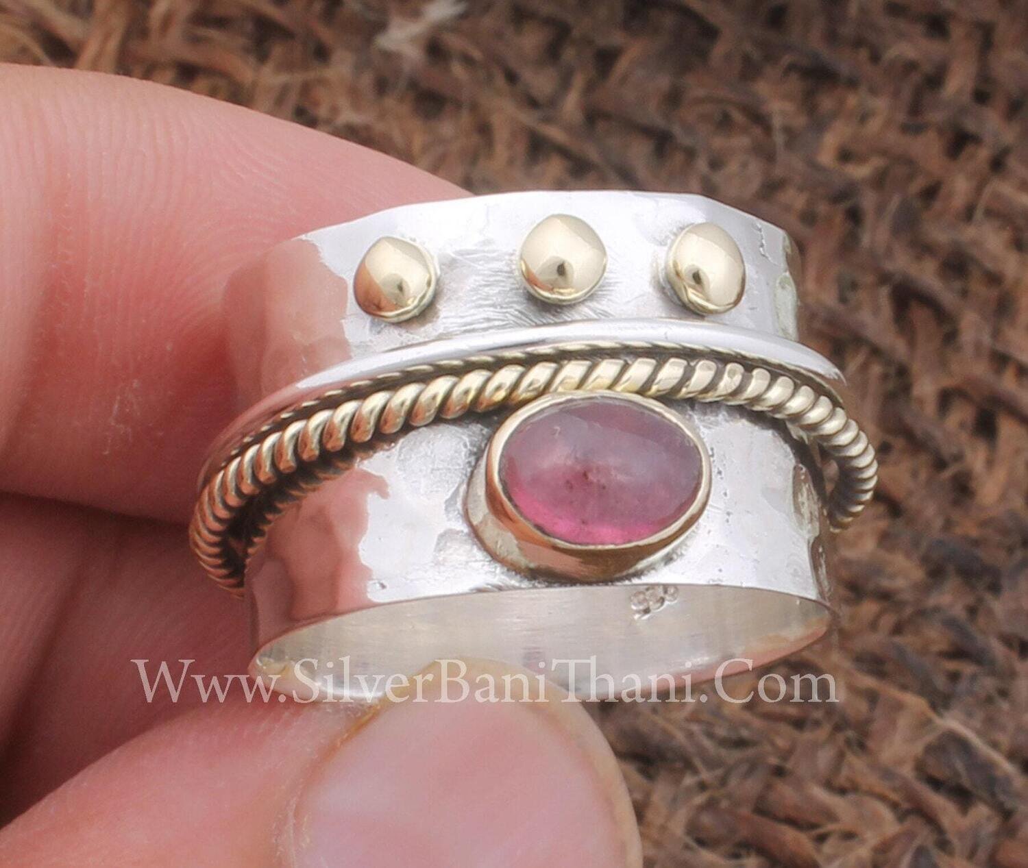 Twisted Wire Two Wide Band Tourmaline Gemstone Silver Spinner Ring 925 Sterling Silver Two Tone Spinner Ring Three Dotted Band Ring For Her