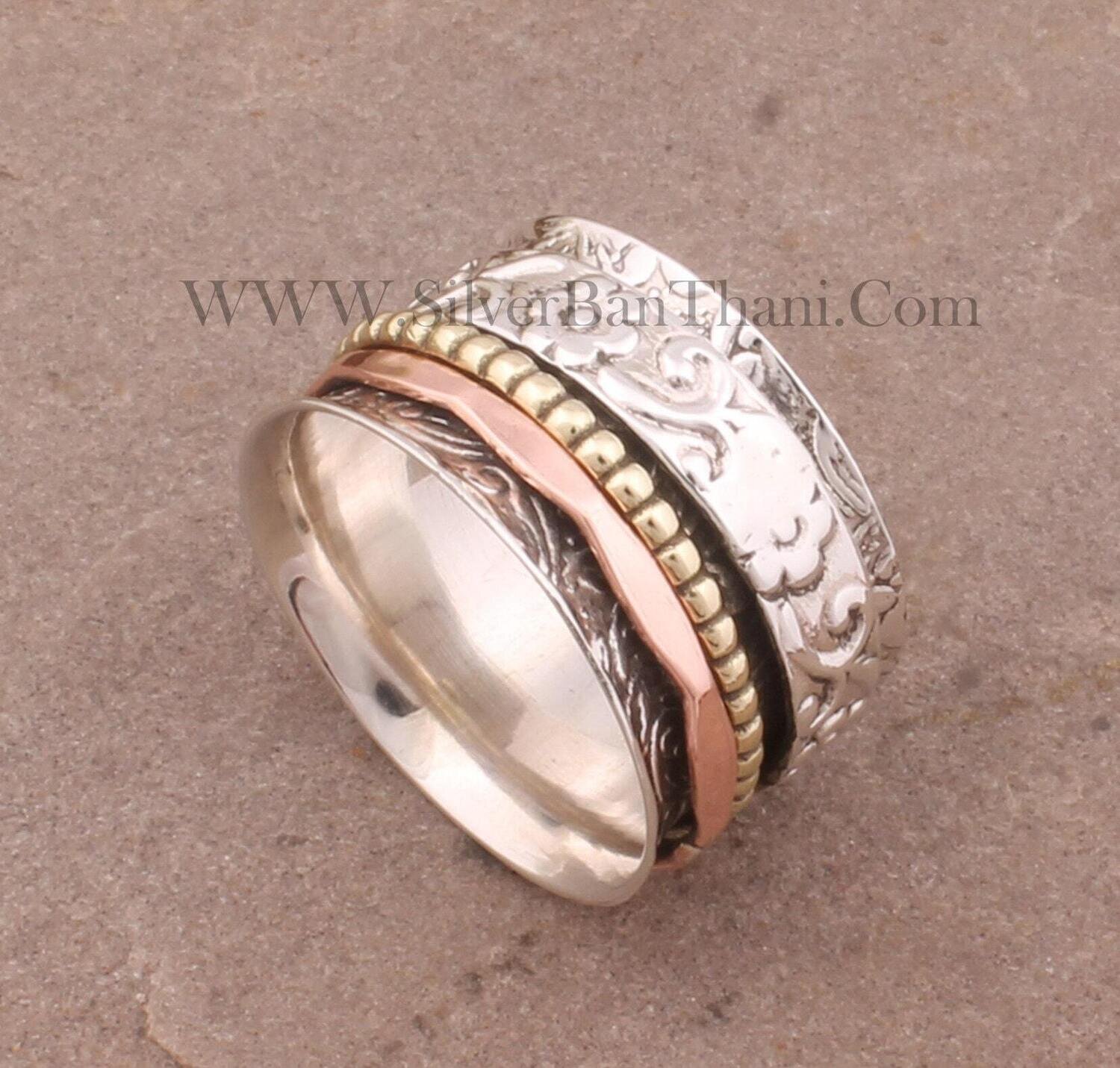 Boho Band Three Tone Solid 925 Sterling Silver Spinner Ring For Her, Hand Carved Silver Band Anxiety Fidget Ring Meditation Ring Women Gifts
