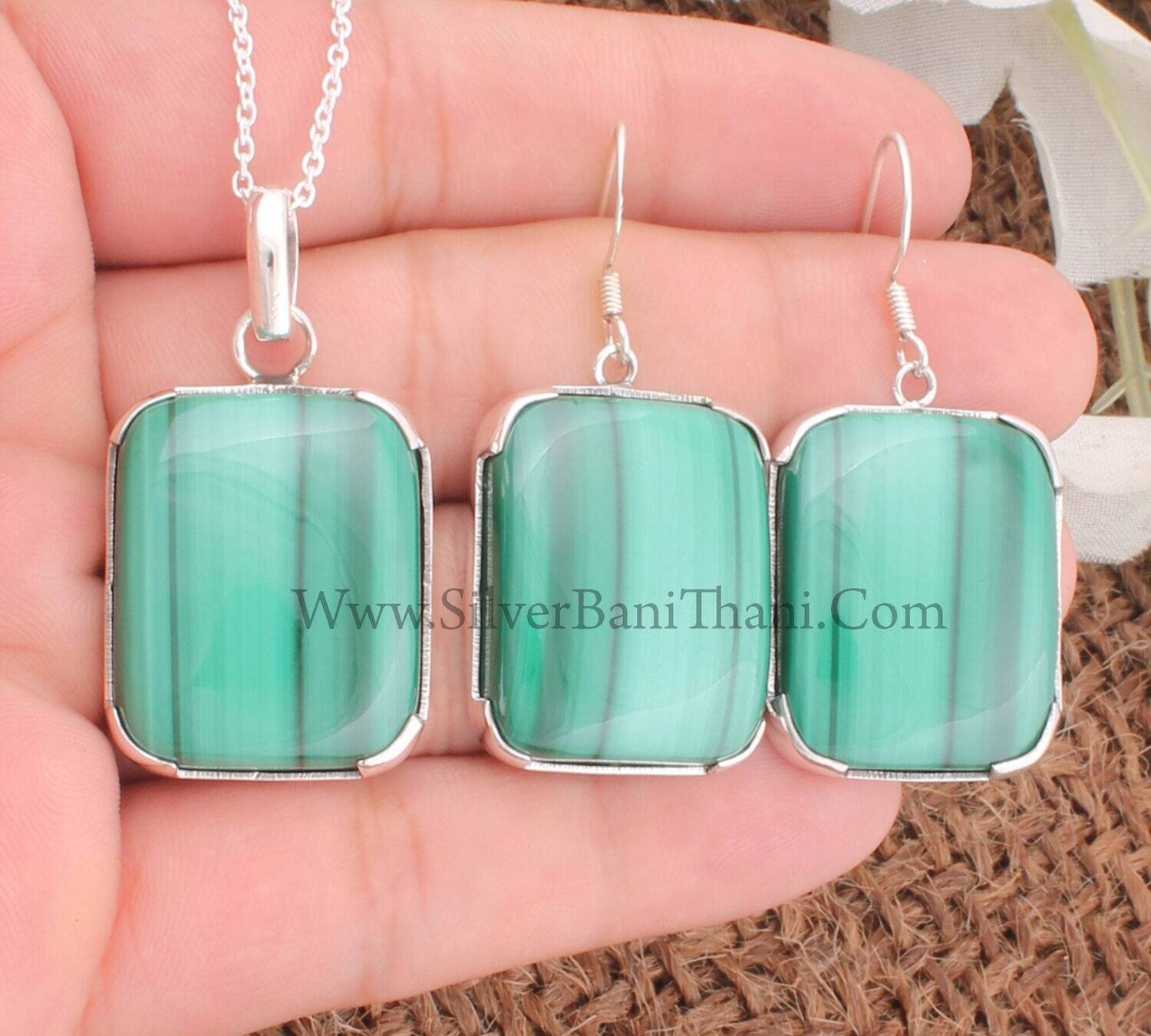 Malachite Natural Gemstone Solid 925 Sterling Silver Two Piece Jewelry Set For Women | Handmade Cushion Stone Earrings Pendant Necklace Gift