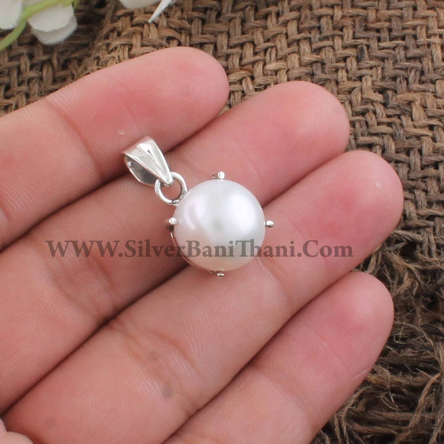 Prong Set Round Gemstone Necklace Pendant | 925 Sterling Silver Smooth Pearl Stone Pendant | Handmade Women Bridal Jewelry | Bridesmaid Gift