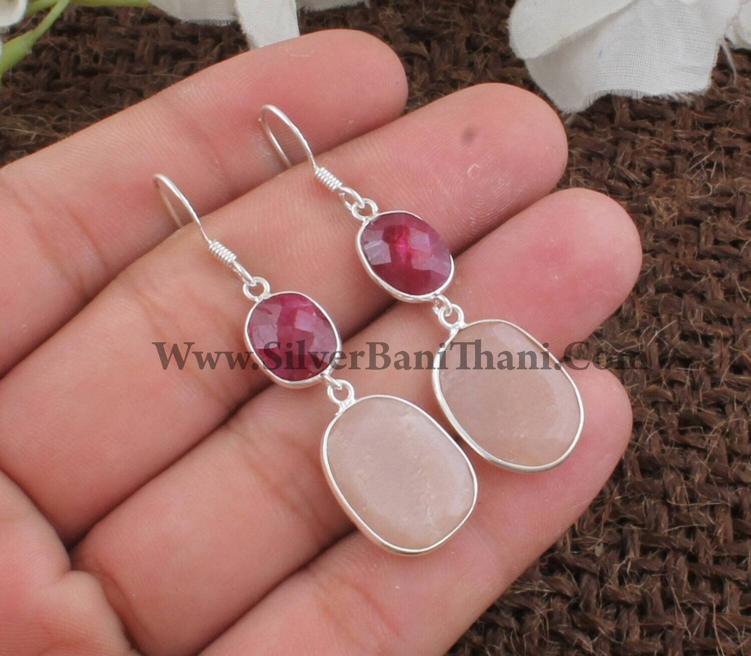 Bezel Set Faceted Peach Moonstone &amp; Ruby Gemstone Silver Earrings | 925 Sterling Solid Silver Earrings | Handmade Two Stone Jewelry | Gift