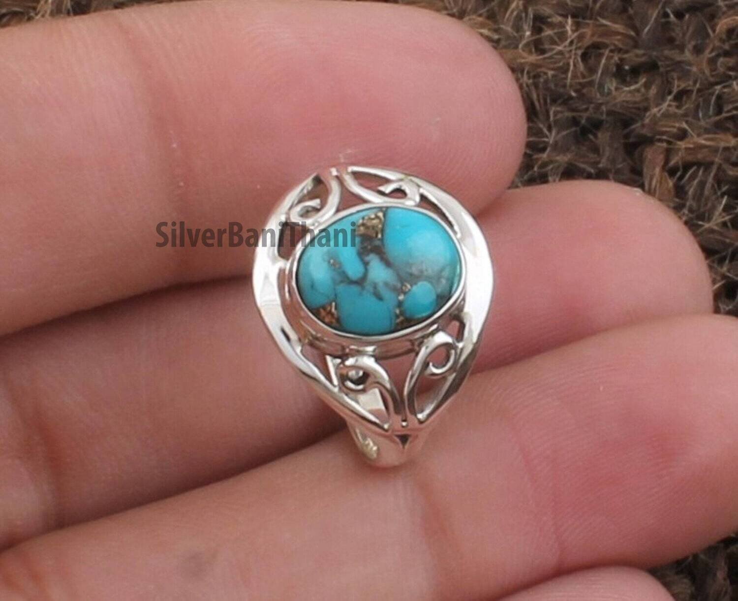 Blue Copper Turquoise Oval Gemstone Silver Ring | 925 Sterling Solid Designer Carved Silver Ring | Handmade Valentine's Day Ring Gift Idea