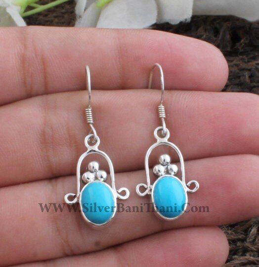 SBT Turquoise Gemstone Earring-Oval Cabochon Earring-Dangle Earring-Real Gemstone-925 Sterling Solid Silver Earring-Gift For Her Sister2022