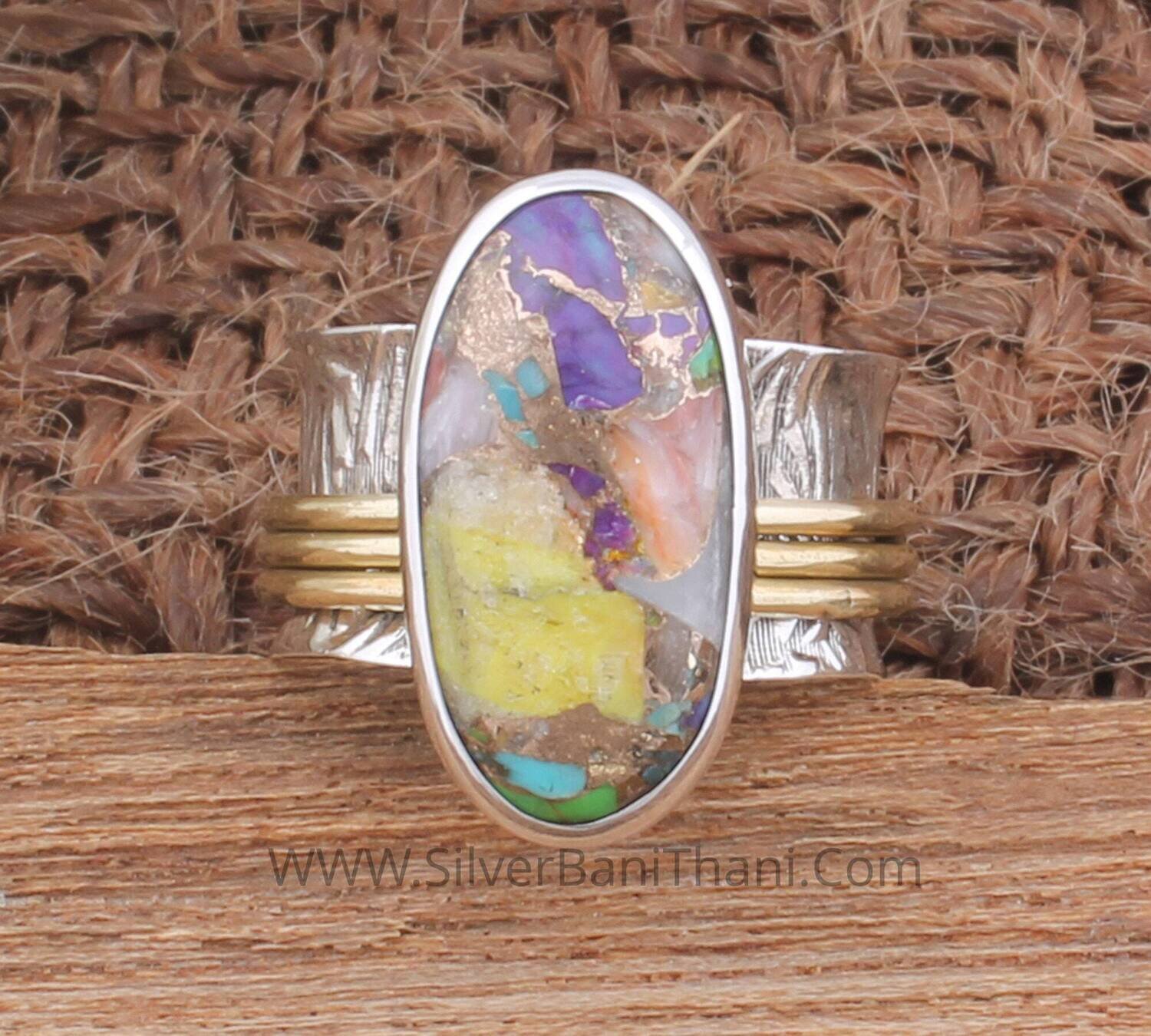 Mix Copper Turquoise Gemstone Spinner Ring | 925 Sterling Silver &amp; Brass Handmade Meditation Ring Fidget Ring Boho Worry Ring Women Jewelry