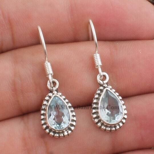 Blue Topaz Earring - Pear Design Silver Earring - Blue Semi Precious Cut Stone Earring - Dangle Earring - Wedding - Gift - Bridal Jewelry