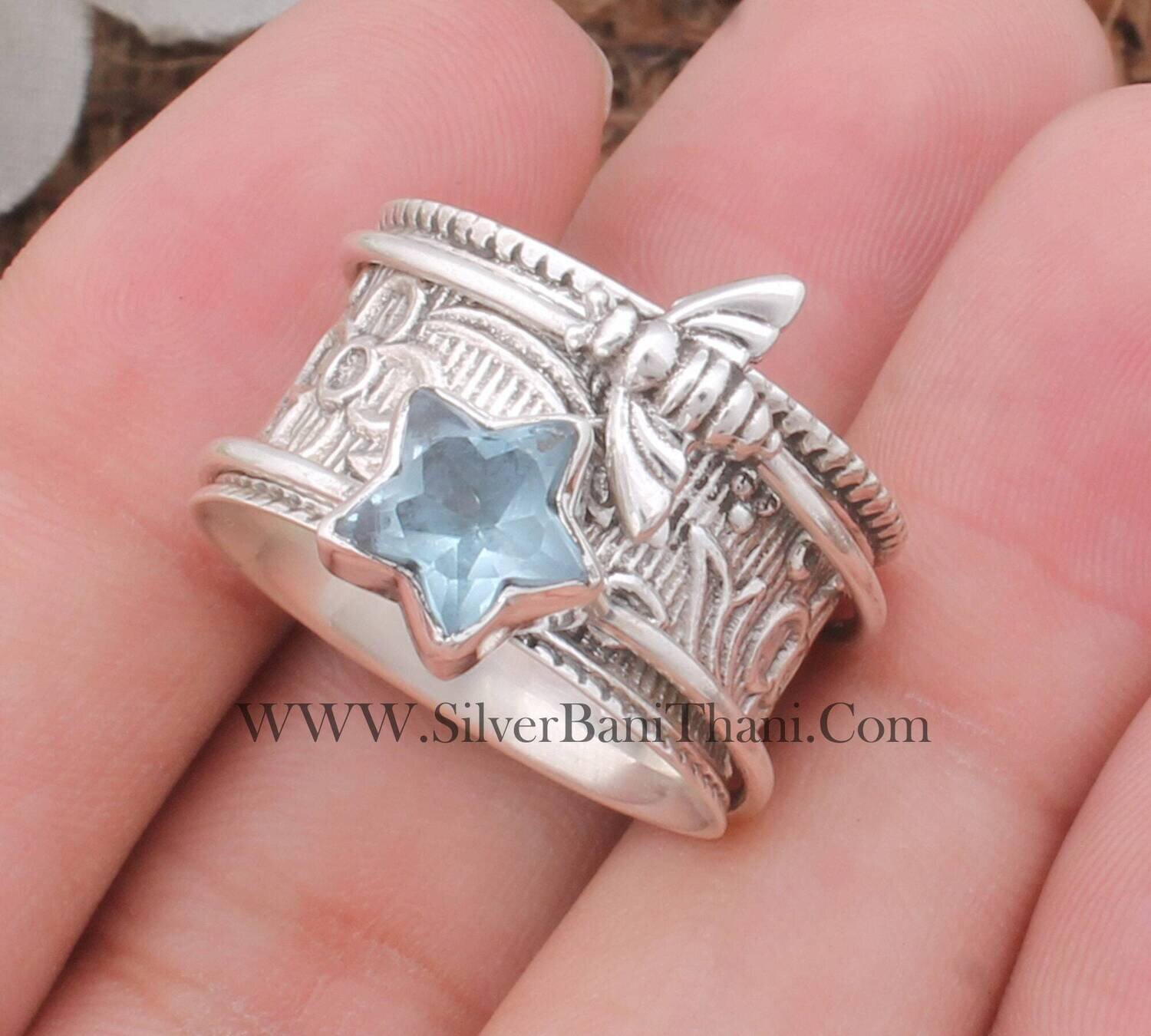Star Blue Topaz Silver Spinner Ring 925 Sterling Silver Topaz Spinner Ring Meditation Ring Designer Hand Carved Honey Bee Silver Ring Gift