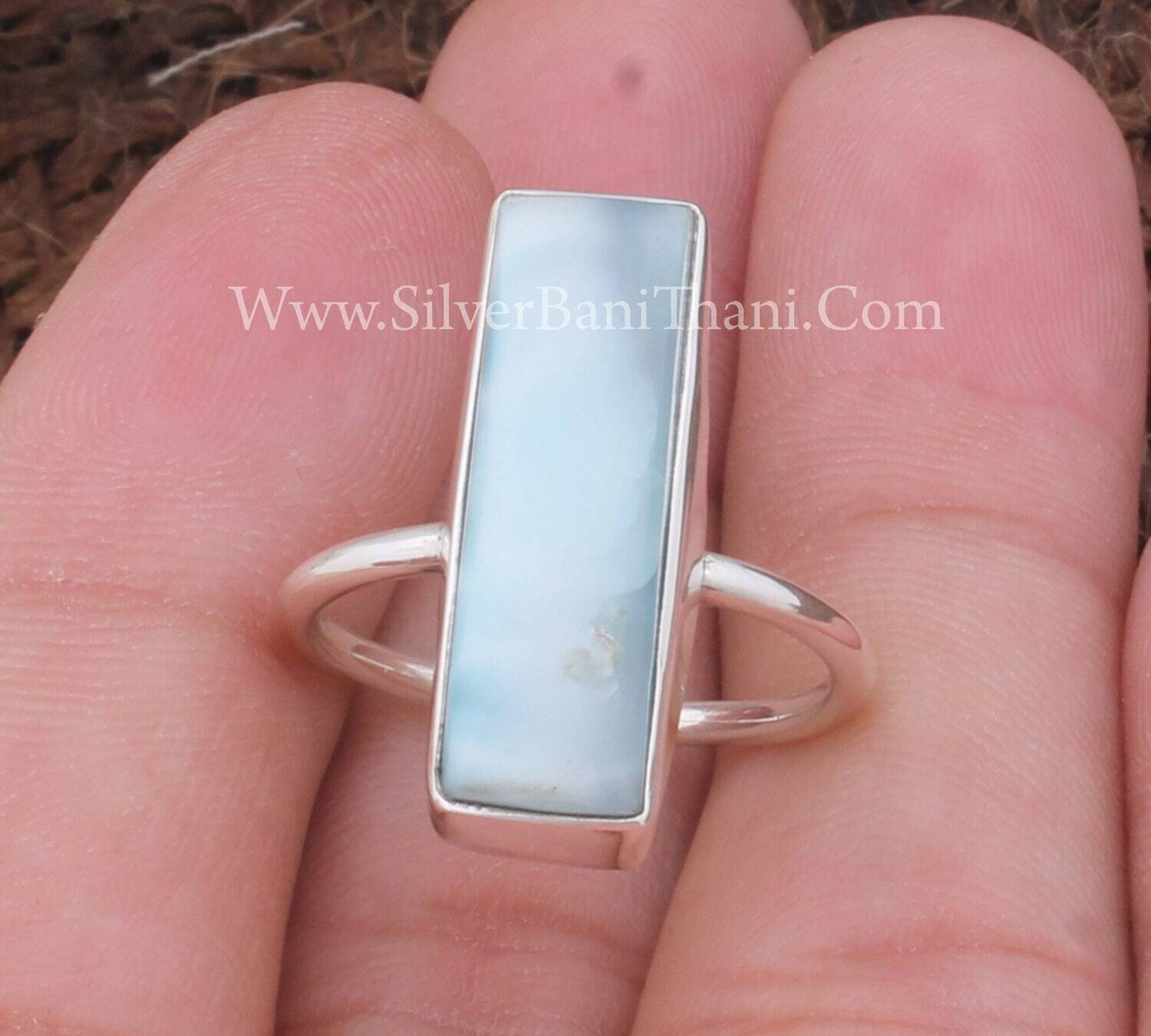 Larimar Ring, Sterling Silver Rings For Women, AAA+Top Quality, Cabochon Baguette Bar Gemstone, Dainty Vintage, Bridal, Anniversary Gift