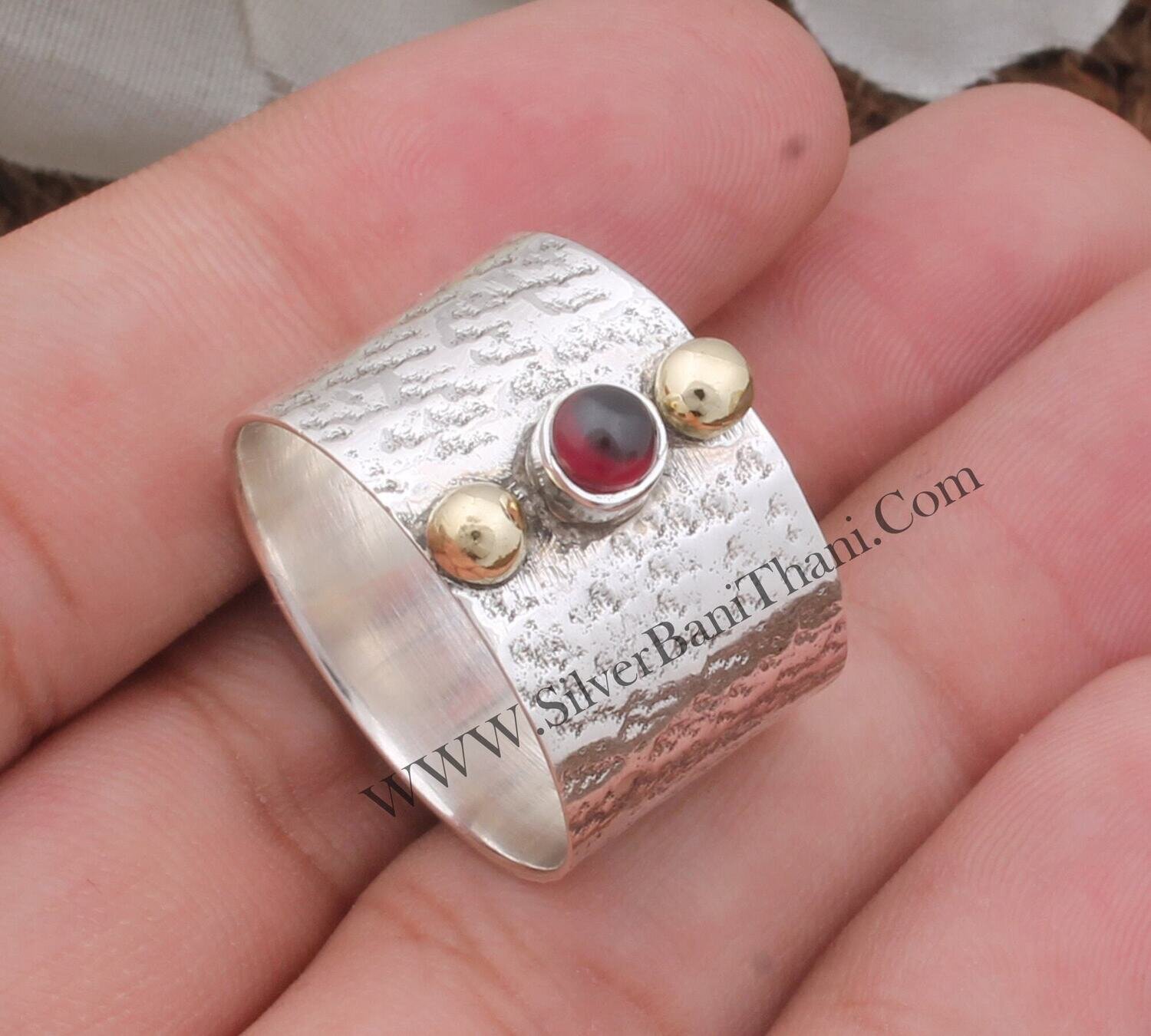Garnet Solid 925 Sterling Silver Vintage Textured Band Ring For Women, Handmade Silver Long Wide Textured Band Ring Gifts For Her Birthday