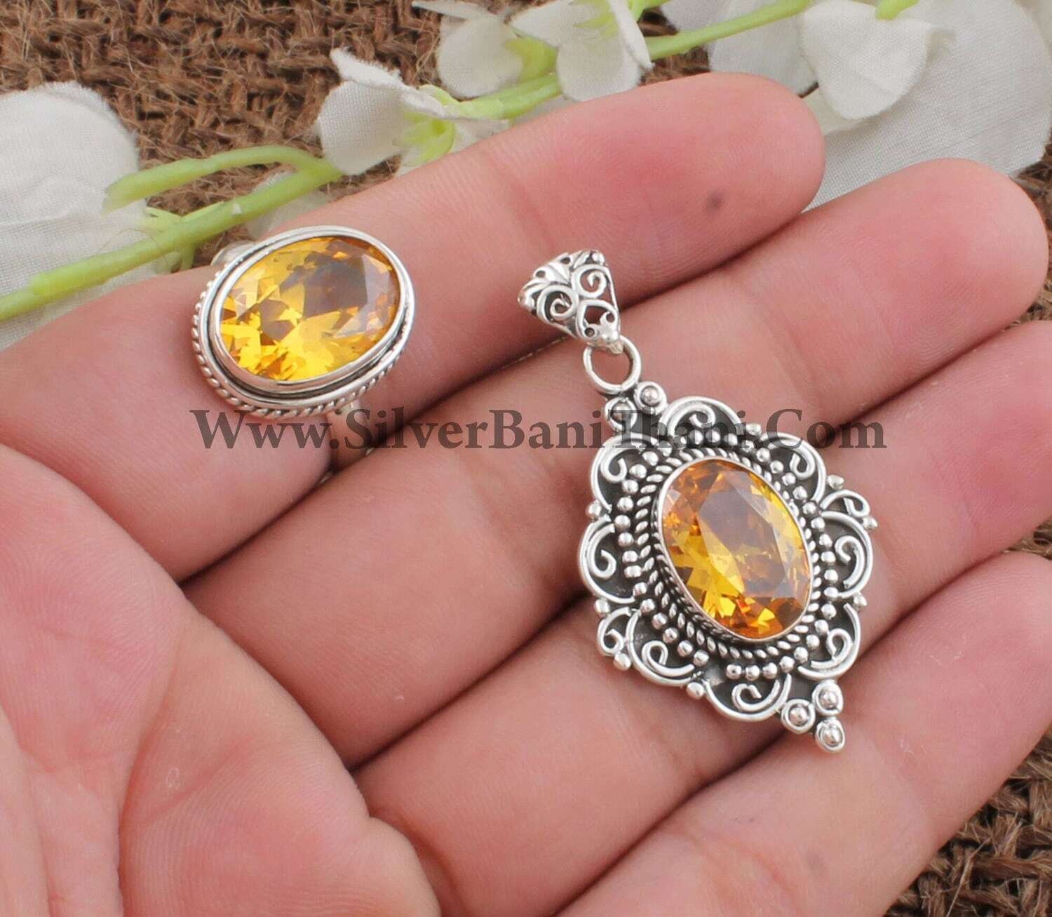 Yellow Cubic Zirconia Solid 925 Sterling Silver Stone Jewelry Set For Women | Handmade Silver Zircon Jewelry Set For Bridal Wedding Jewelry