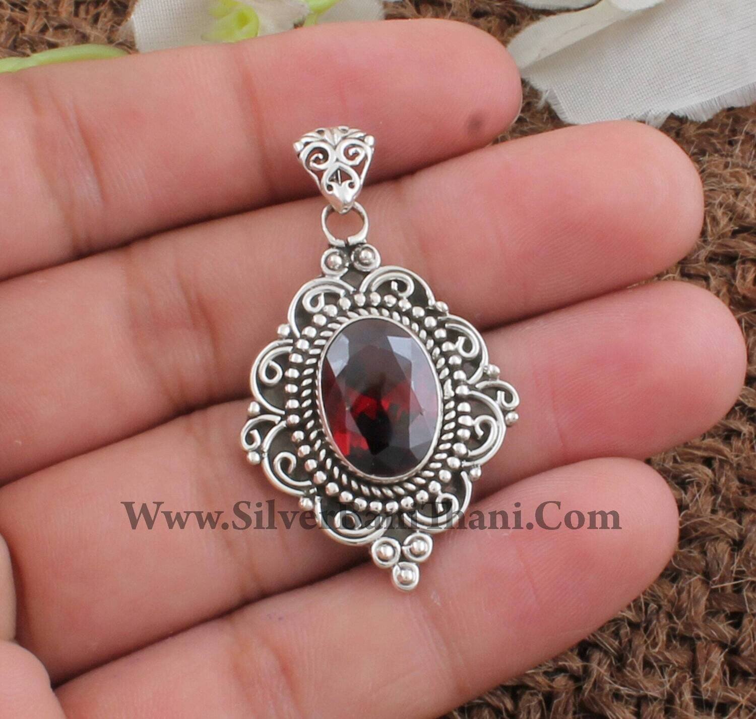 Red Cubic Zirconia Solid 925 Sterling Silver Necklace Pendant For Wedding Anniversary, Handmade Silver Boho Pendant For Bridal Jewelry Gift