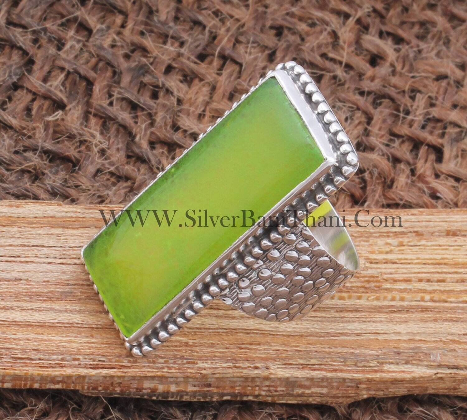 Green Jade Long Bar Gemstone Solid 925 Sterling Silver Ring For Women, Handmade Rectangle Textured Wide Band Ring Gift Idea For Her Birthday