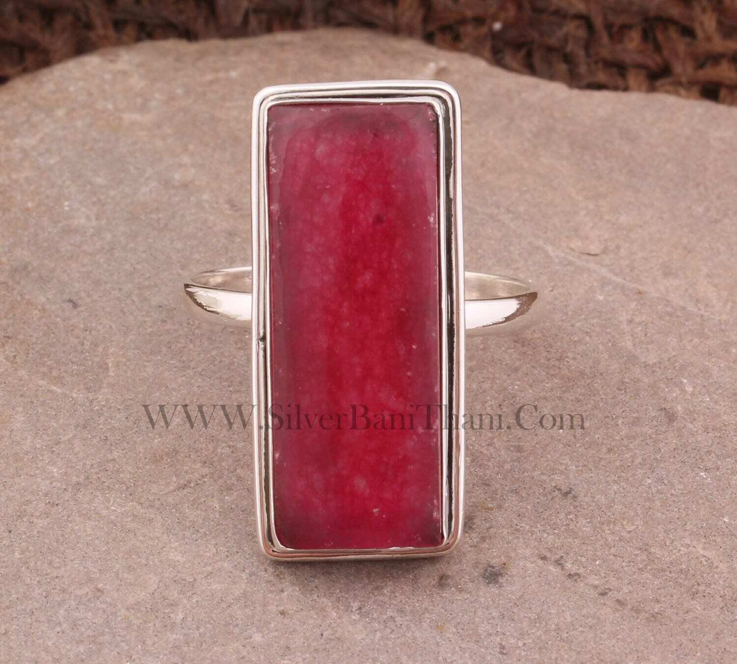 Red Jade Rectangle Shape Gemstone Silver Ring | 925 Sterling Solid Silver Ring | Handmade Rectangle Shape Gemstone Jewelry | Present For Her