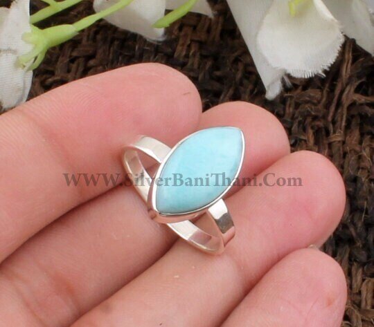 Natural Larimar Silver Ring | 925 Sterling Solid Silver Ring | Marquise Shape Gemstone Ring | Handmade Ring | Everyday Jewelry | Women Gift Idea