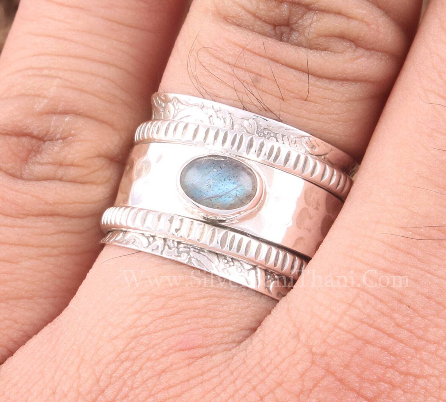 Labradorite Solid 925 Sterling Silver Designer Hammered Spinner Ring For Women | Handmade Fidget Anxiety Rings For Anniversary Gifts