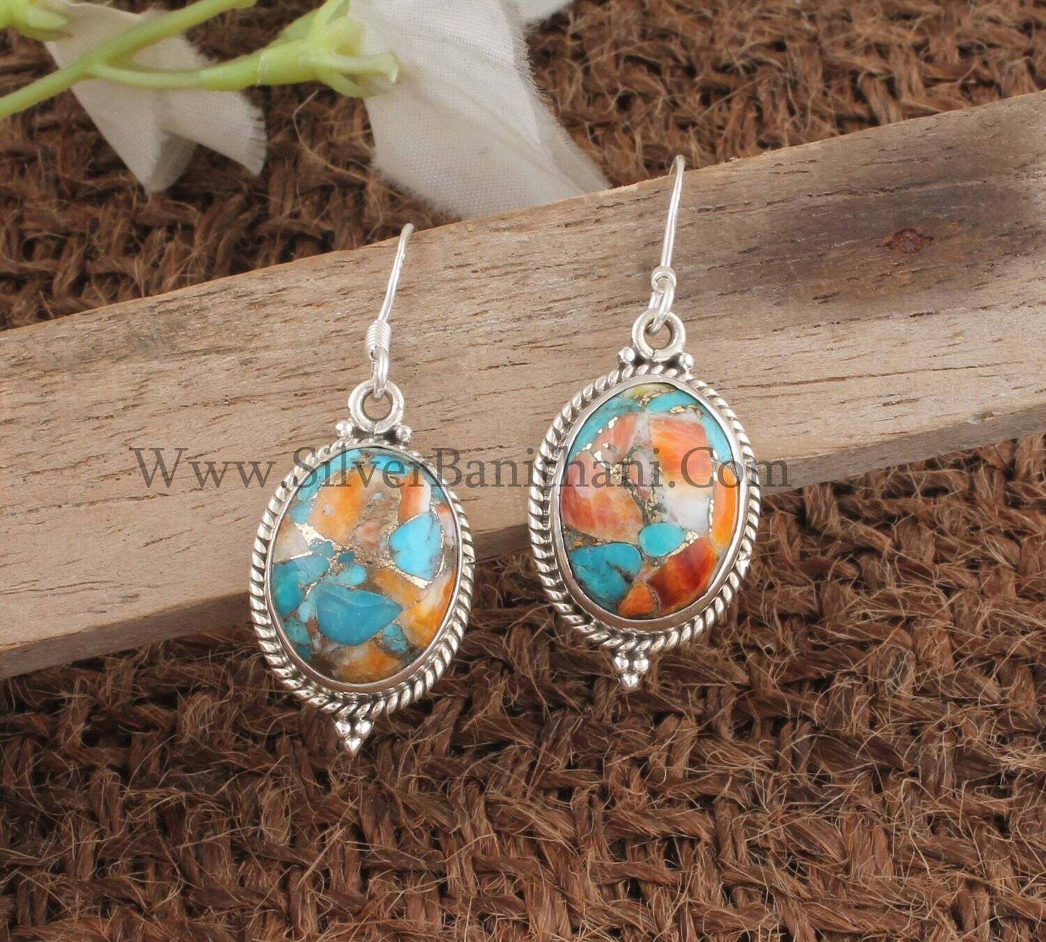 Mohave Oyster Copper Turquoise Silver Oval Dangle Earring | 925 Sterling Solid Silver Earrings | Designer Oval Gemstone Earrings Gift Idea