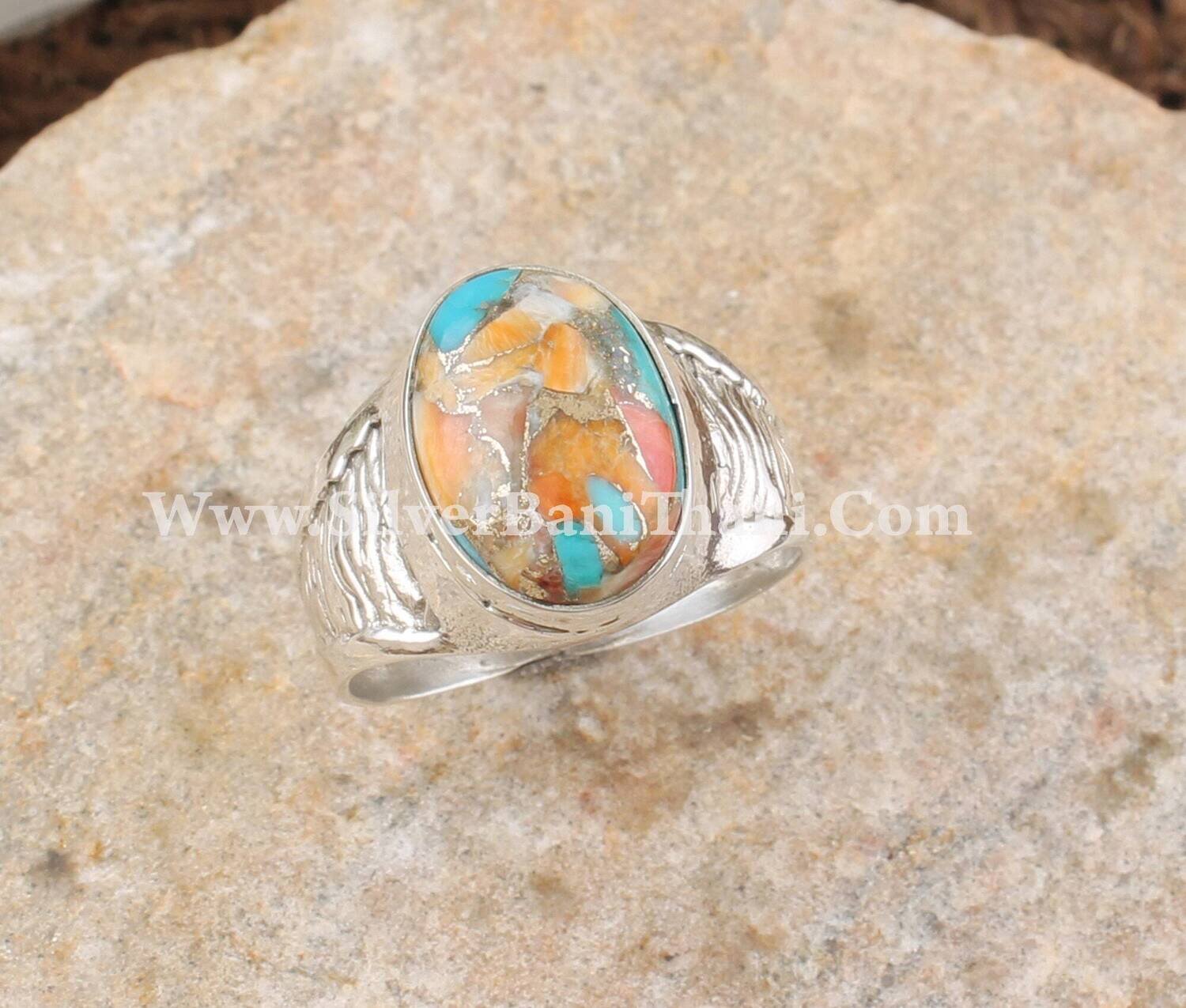 Oyster Copper Turquoise Oval Shape Gemstone Silver Ring | 925 Sterling Solid Textured Stone Silver Ring | Handmade Jewelry | Ring For Gift