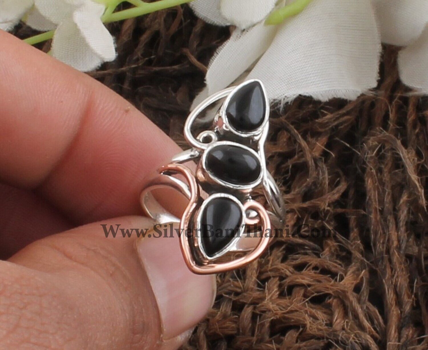 Black Onyx Gemstone Silver Ring | 925 Sterling Silver &amp; Brass Smooth Multi Stone Ring | Designer Handmade Ring Present For Her Gift.