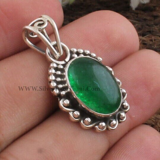 Green Jade Gemstone Necklace Pendant | 925 Sterling Silver Oval Stone Pendant | Dotted Design Handmade Pendant | Women Wedding Jewelry Gift.
