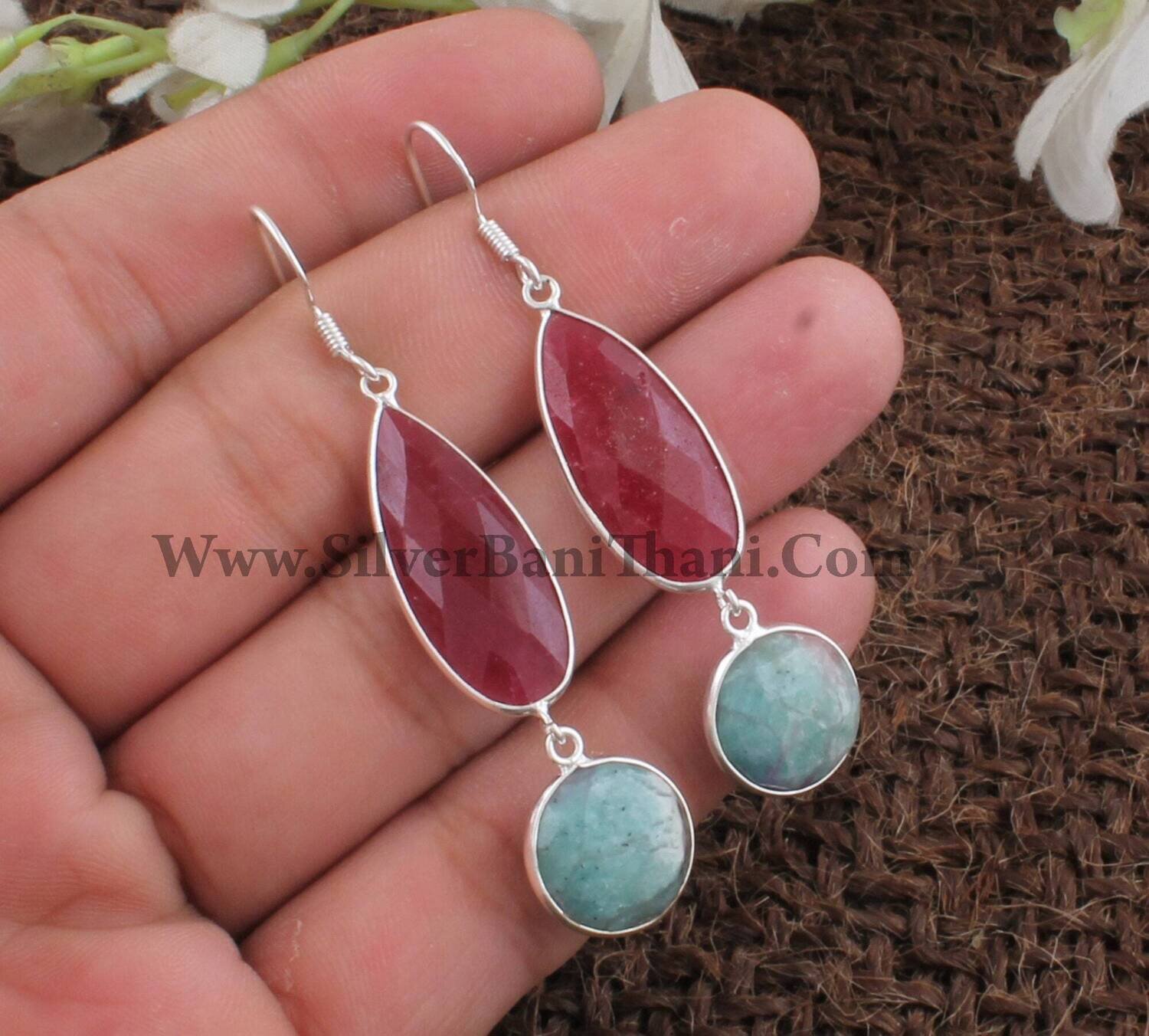 Bezel Set Faceted Amazonite &amp; Ruby Gemstone Silver Earrings | 925 Sterling Solid Silver Earrings | Handmade Two Stone Jewelry | Gift For Her