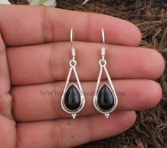 Black Onyx Silver Earrings | 925 Sterling Solid Silver Earrings | Designer Pear Gemstone Earrings | Handmade Jewelry | Women Earrings Gift