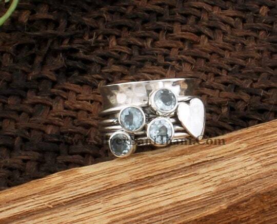 925 Sterling Silver Natural Blue Topaz Spinner Ring | Four Round Gemstone Ring | Designer Handmade Hammered Meditation Ring | Gift For Her