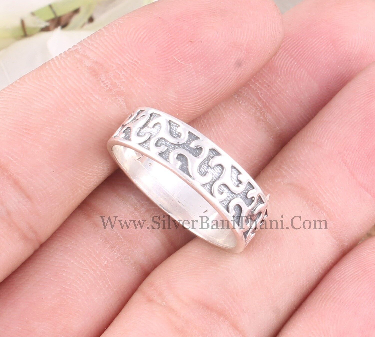 Engraved Solid 925 Sterling Silver Band Ring For Men | Handmade Oxidized Silver Thumb Band Stacked Ring For Wedding Anniversary Gift For Him