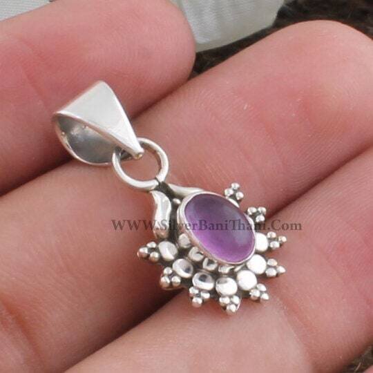 Purple Jade Gemstone Silver Pendant | 925 Sterling Silver Oval Stone Pendant | Flower Design Handmade Necklace Pendant | Women Jewelry Gift