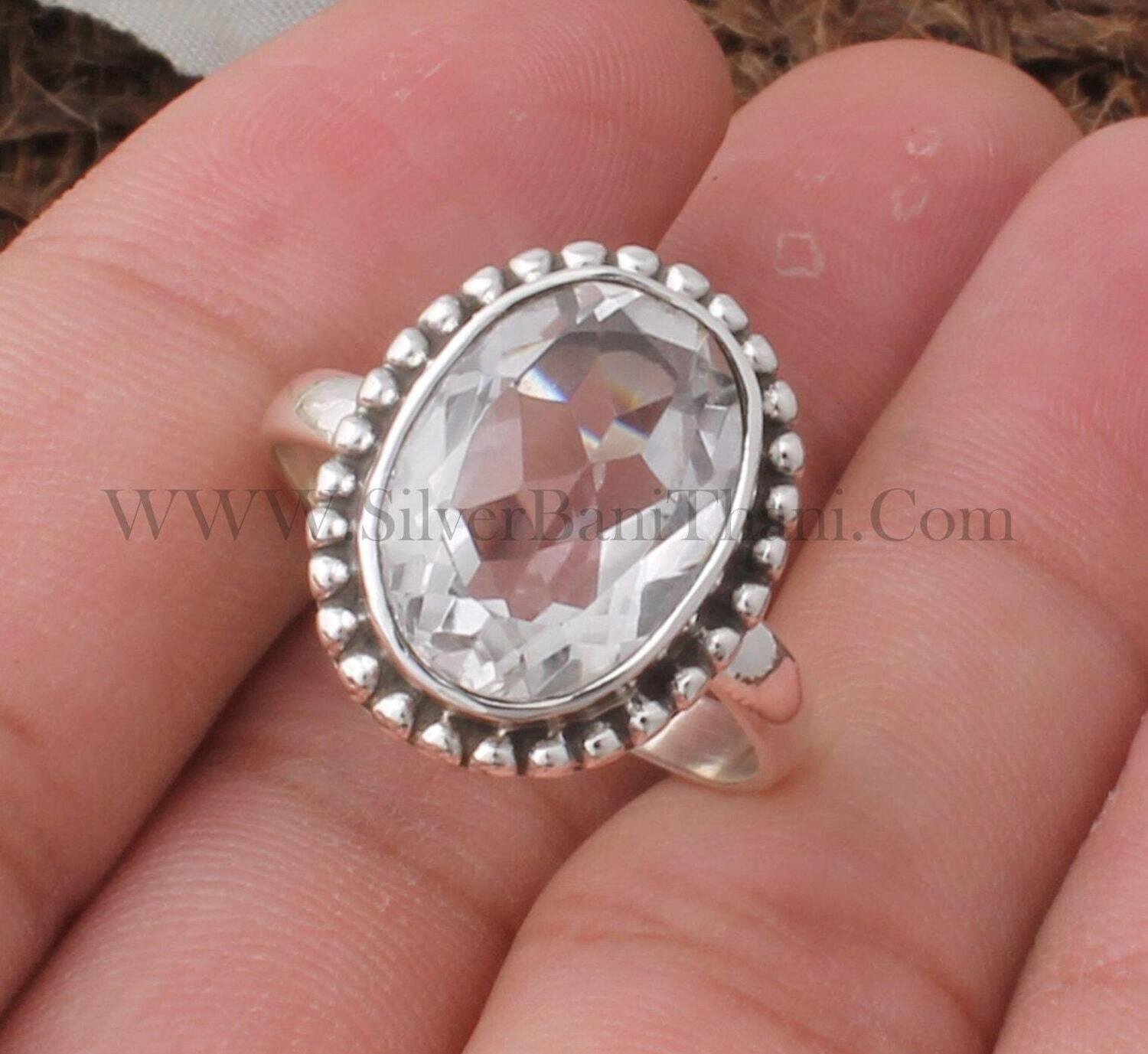 Crystal Quartz Gemstone Silver Ring | 925 Sterling Solid Silver Faceted Cut Oval Shape Stone Ring | Dotted Handmade Ring For Women