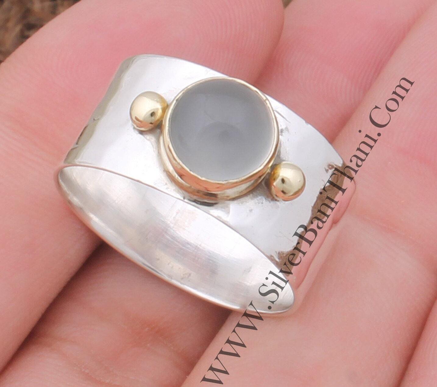 Moonstone Natural Gemstone Ring Silver Band Ring 925 Sterling Silver &amp; Brass Ring Spinner Ring Hammered Band Ring Two Dotted For Women Ring