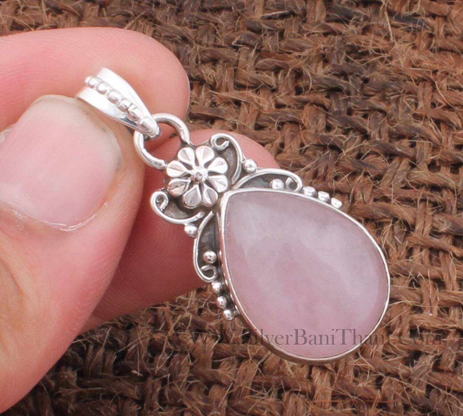 Rose Quartz Necklace - 925 Sterling Silver Necklace - Designer Antiqued Silver Flower Pendant Necklace - Wedding Jewelry - Christmas Gift