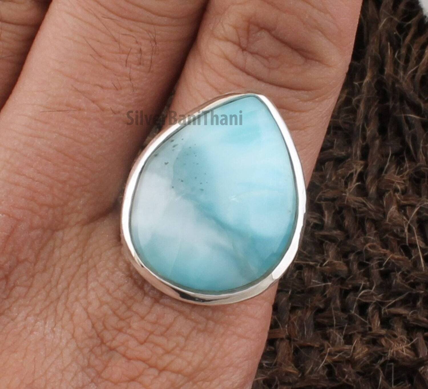 Larimar Silver Ring | 925 Sterling Solid Silver Ring | Pear Gemstone Ring | Handmade Ring | Everyday Jewelry | Valentine's Day Gift