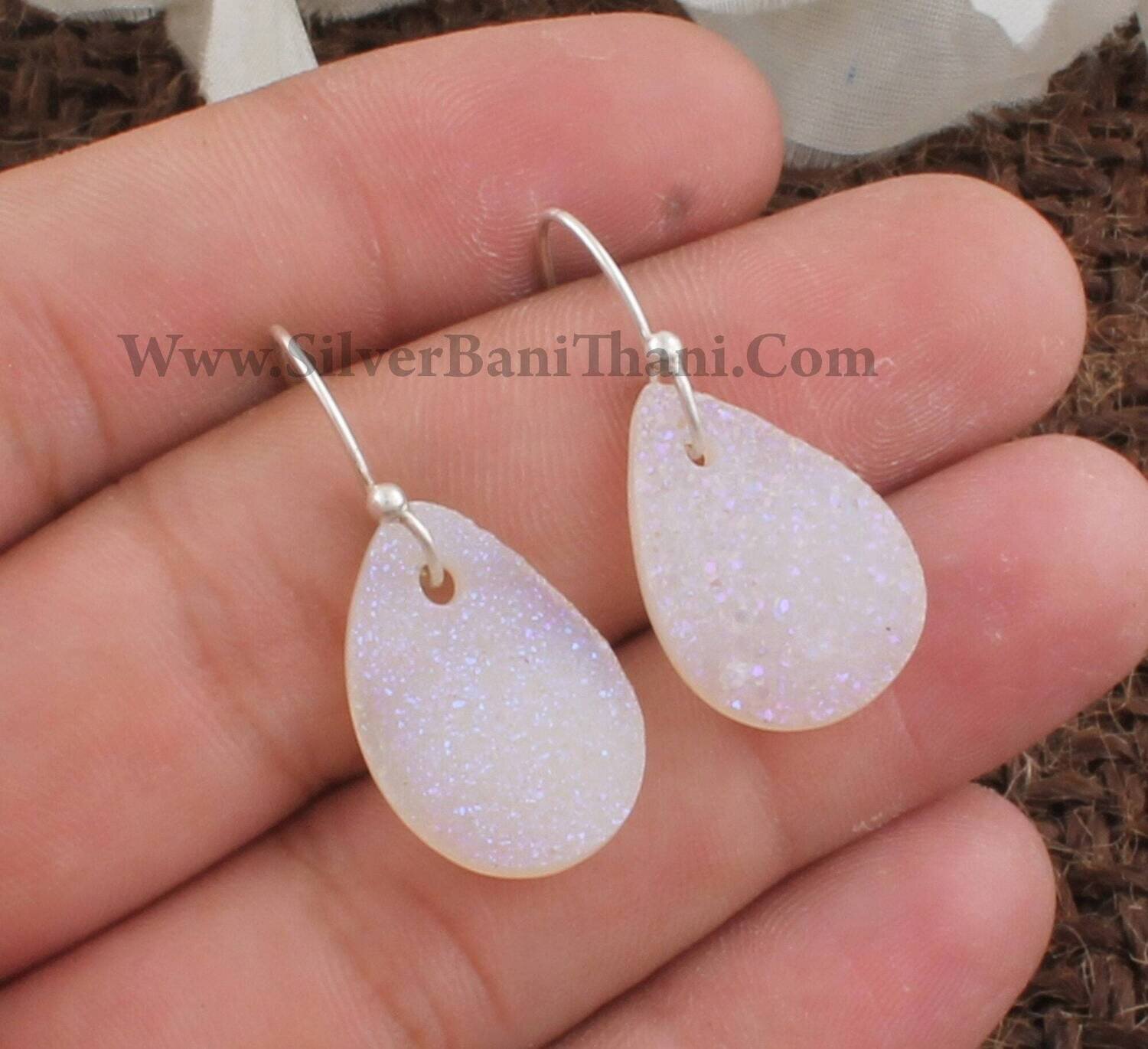 White Druzy Silver Earrings | 925 Sterling Solid Silver Earrings | Designer Pear Gemstone Earrings | Handmade Jewelry | Women Earrings Gift