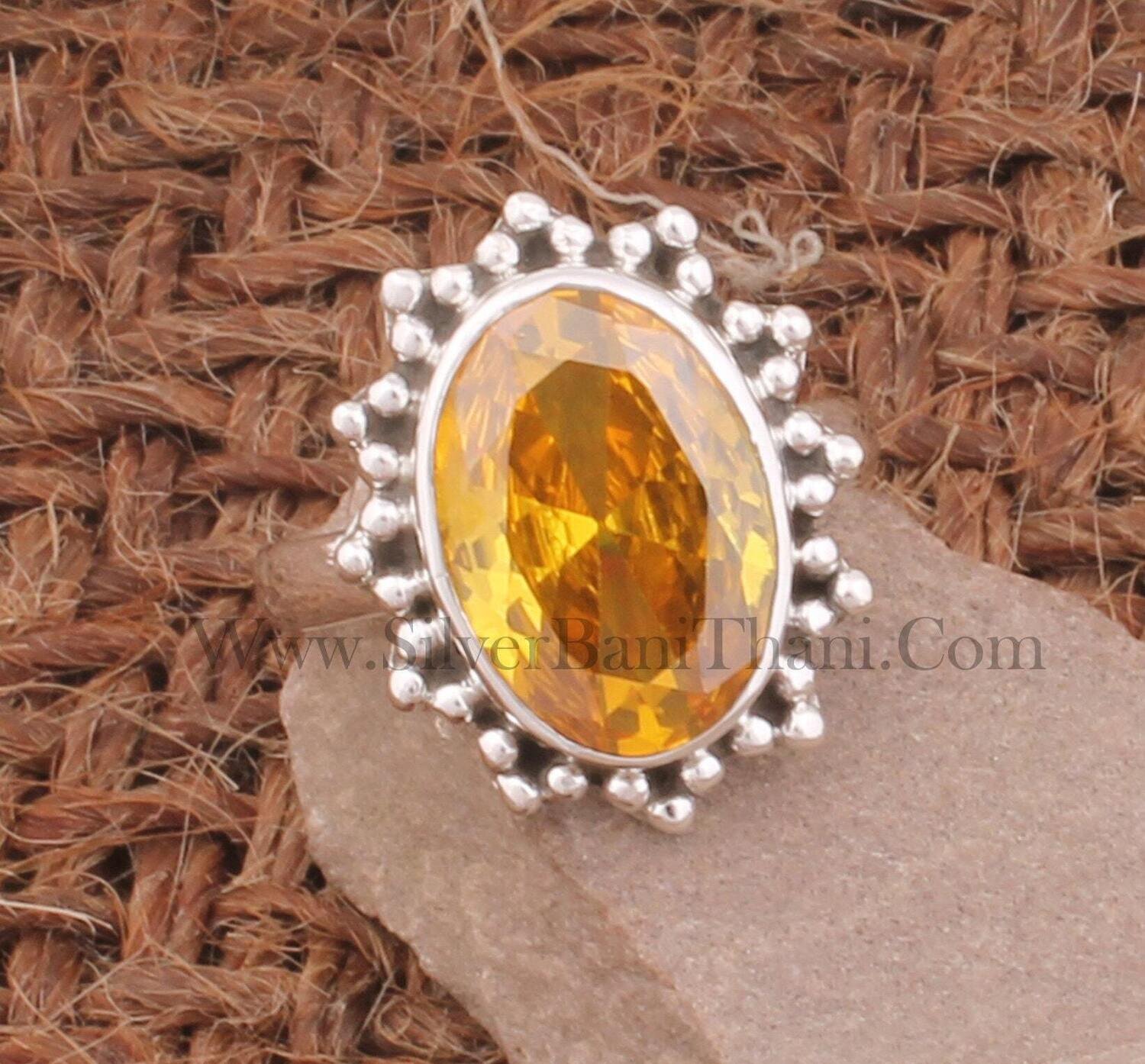 Dotted Yellow Cubic Zirconia Gemstone Silver Ring | Solid 925 Sterling Silver Oval Cut Stone Ring | Handmade Women Wedding Jewelry For Gift