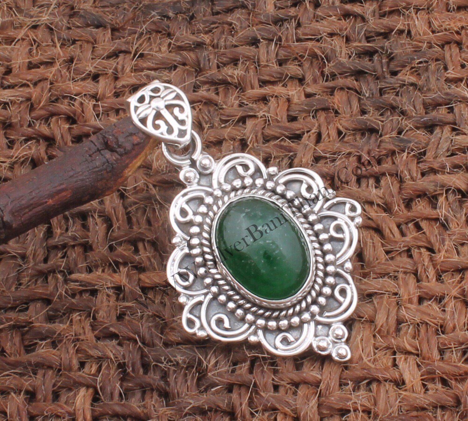 Green Jade Gemstone Silver Necklace Pendant | 925 Sterling Silver Oval Pendants | Handmade Design Pendant | Bridal Silver Jewelry