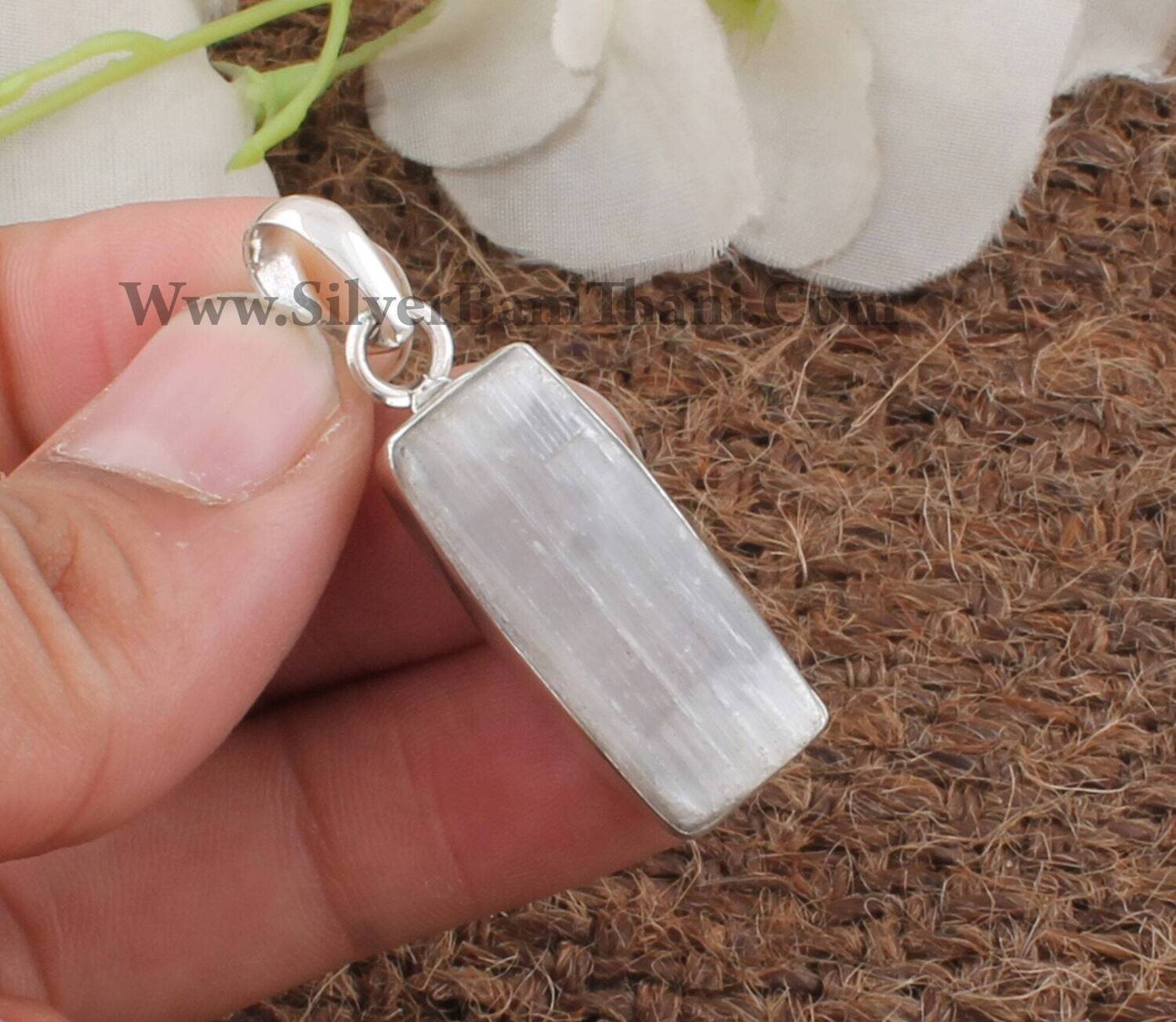 925 Sterling Silver  Selenite Bar Shape Stone Necklace Pendant | Designer Handmade Pendant | Present For Her | Wedding Jewelry Gift.