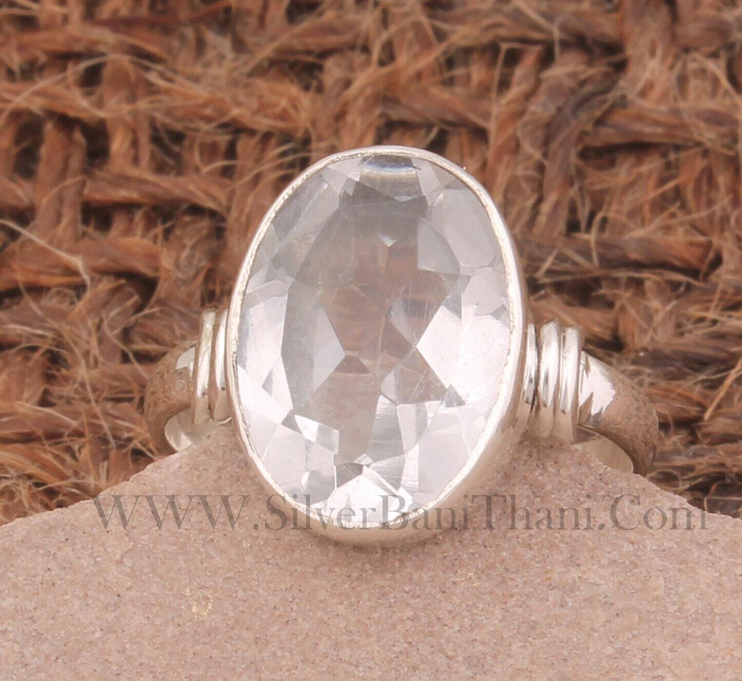 Crystal Quartz Gemstone Silver Ring | 925 Sterling Solid Silver Faceted Cut Oval Shape Stone Ring | Designer Handmade Ring For Gift