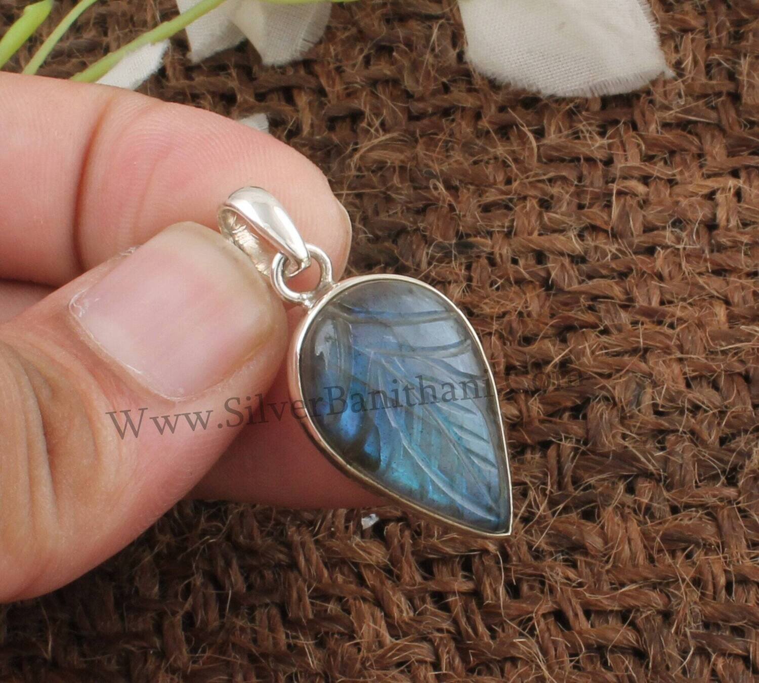925 Sterling Silver  Labradorite Necklace Pendant | Carving Pear Shape Blue Flashy Gemstone Pendant |Handmade Women Jewelry Gift Idea