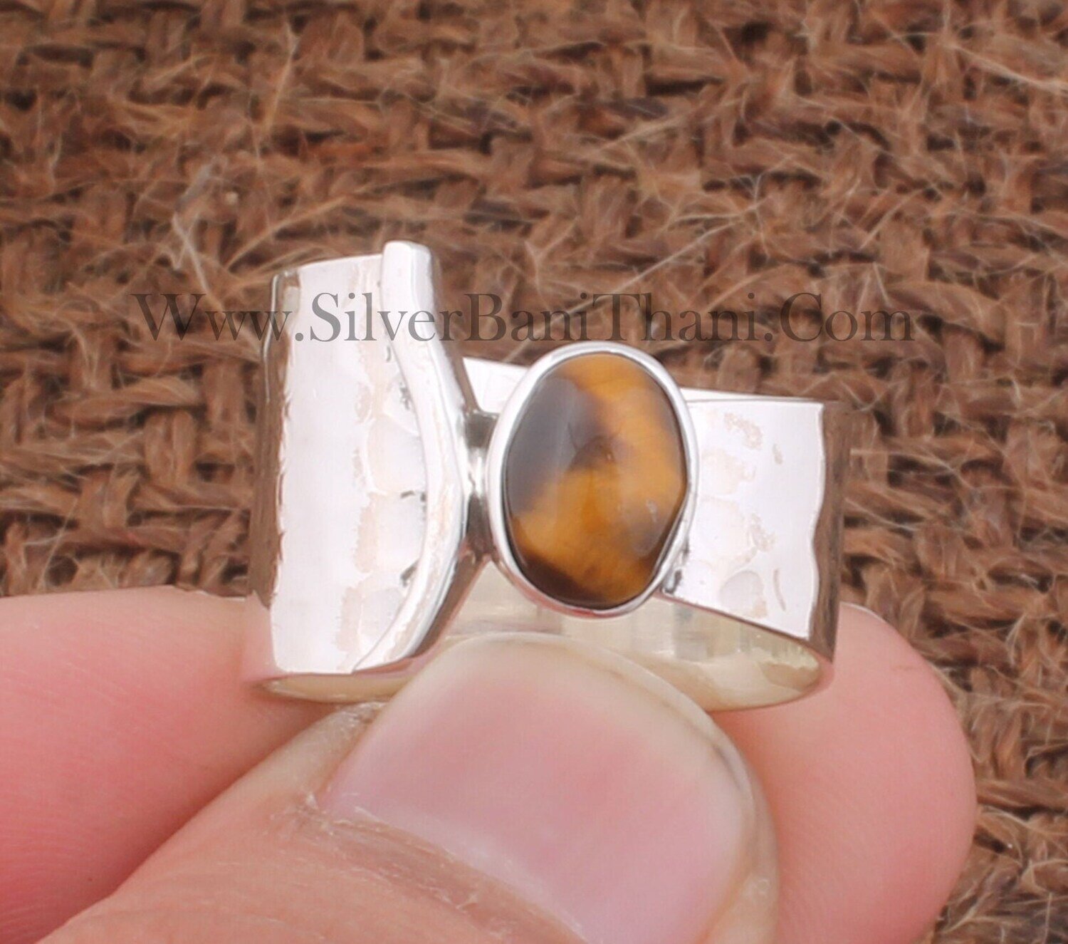 AAA+Quality Tiger's Eye Solid 925 Sterling Silver Ring For Women | Handmade Oval Solid Silver Fancy Hammered Band Ring For Anniversary Gifts2022
