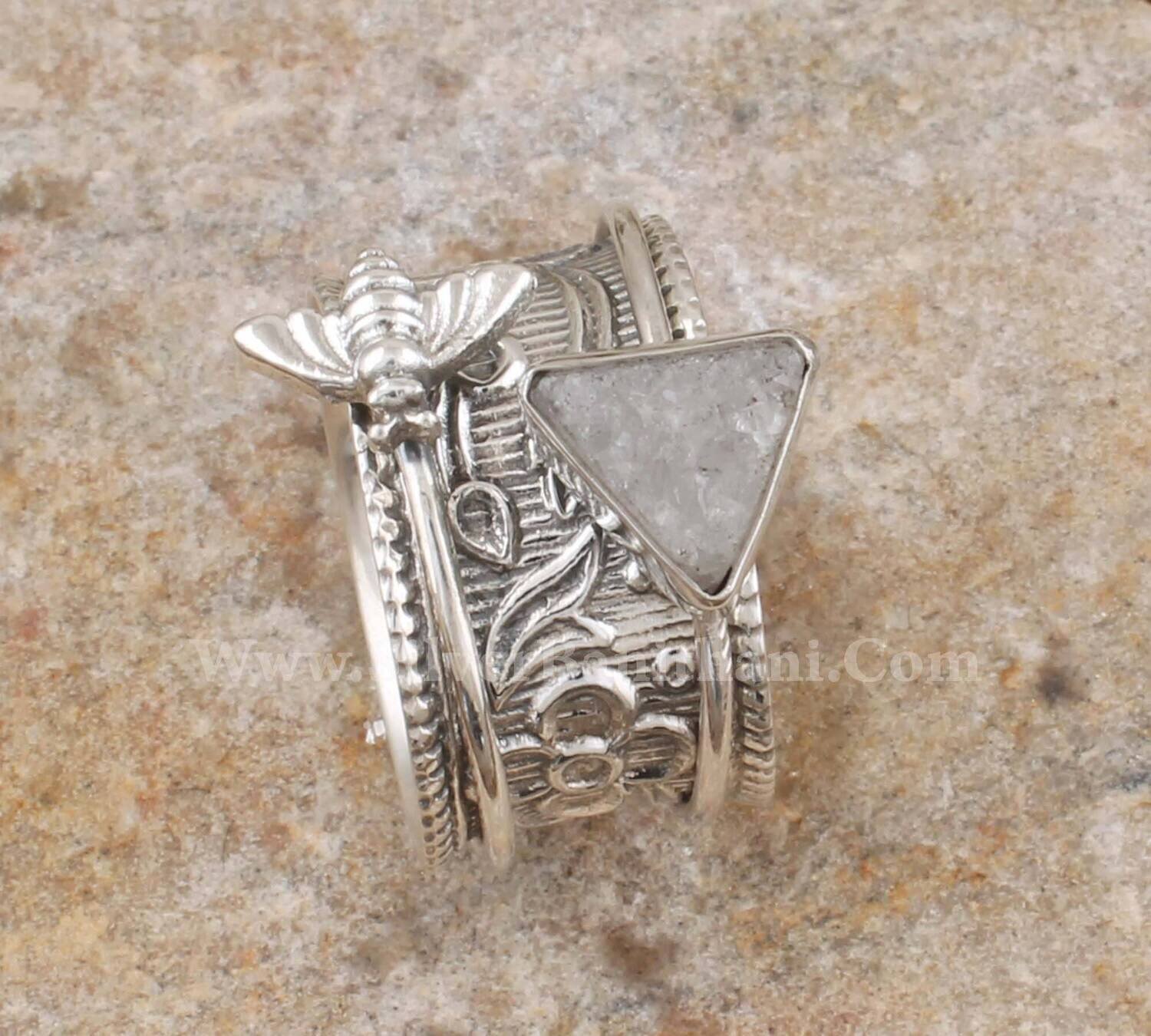 925 Sterling Silver Druzy Triangle Spinner Ring | Designer Hand Carved Honey Bee Silver Ring For Her2022Etsy#Mother's DayMother's Day