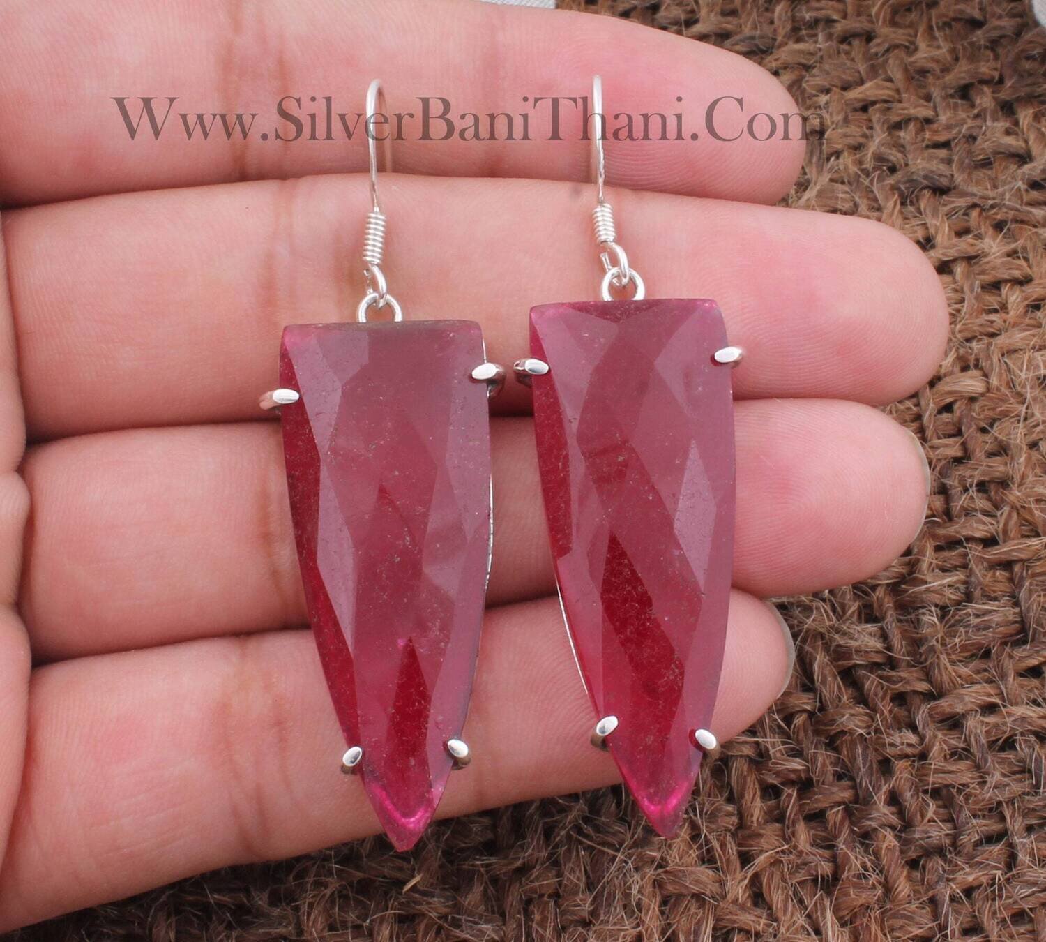 Ruby Prong Set Silver Earrings | 925 Sterling Solid Silver Earrings | Designer Dagger Gemstone Earrings | Christmas Gift January Birthstone