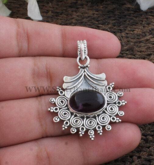 Oval  Pendant-Lovely Amethyst Gemstone Pendant-Oval Floral Design Silver Pendant-Dark Amethyst Gemstone Pendant-925 Sterling Silver Pendant