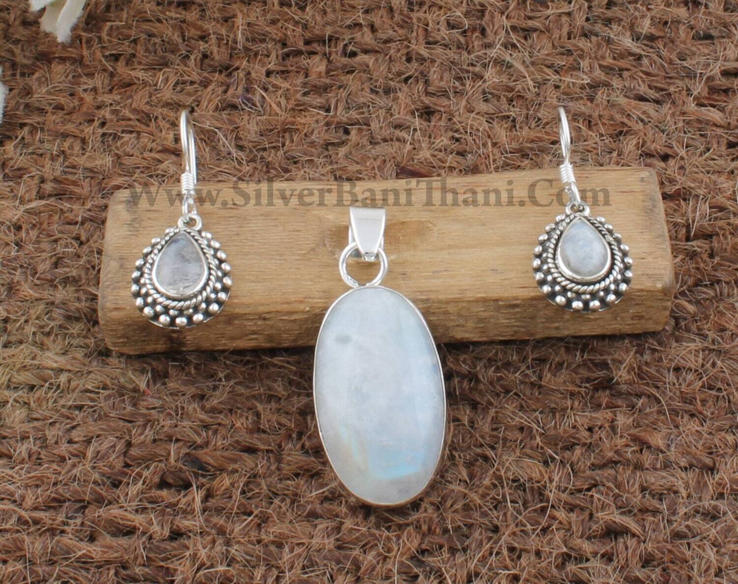 925 Sterling Silver Smooth Stone Earrings &amp; Pendant |  Rainbow Moonstone Silver Jewelry Set | Boho Jewelry | Bridal Wedding Jewelry