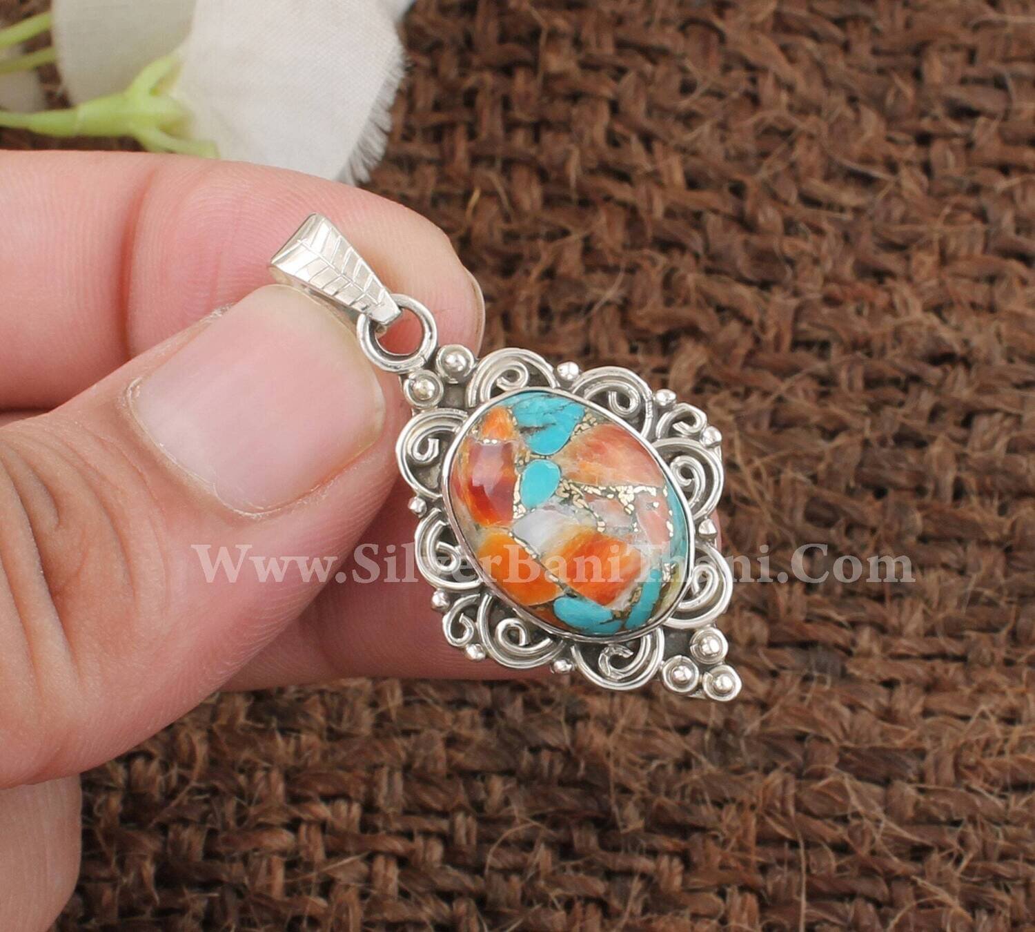 925 Sterling Silver Oyster Copper Turquoise Necklace Pendant | Oval Shape Gemstone Pendant Necklace | Designer Handmade Pendant | Gift Idea
