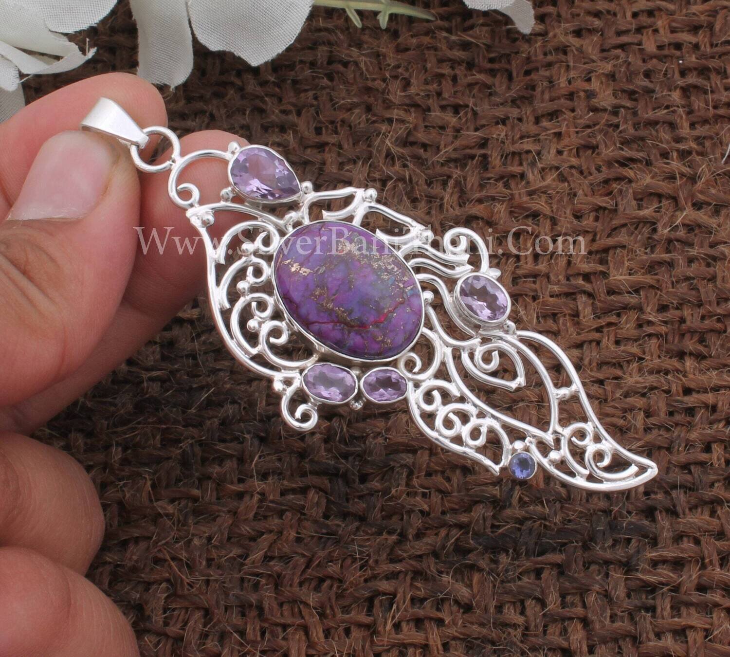 Purple Copper Turquoise &amp; Amethyst Gemstone Pendant Long Silver Leaf Pendant Pendant Silver Leaf Pendant Filigree Pendant Long Boho Pendant