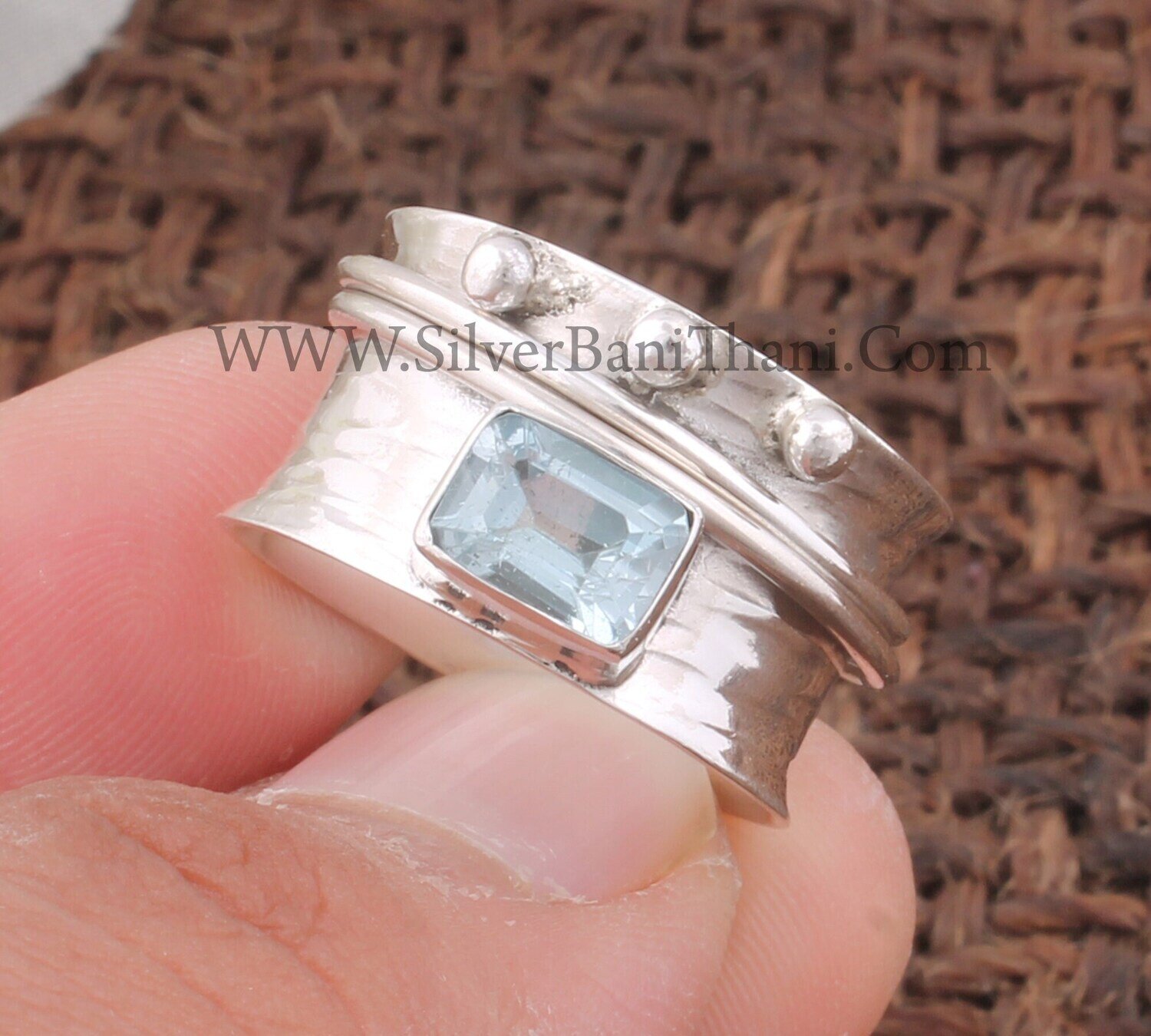 AAA+Quality Blue Topaz Silver Stone Spinner Ring | 925 Sterling Silver Rectangle Bar Shape Gemstone Ring | Meditation Ring | Spinner Band Ring For Gifts Him
