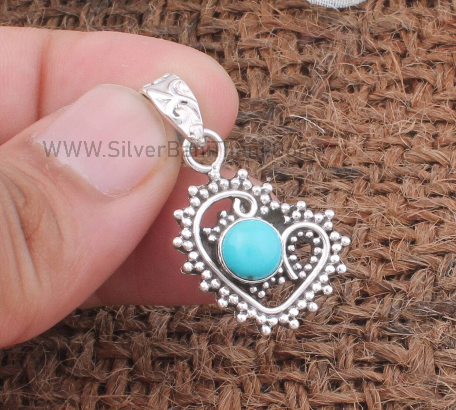 Silver Heart Designer Handmade Necklace Pendant | 925 Sterling Silver Hand Carved Pendant | Turquoise Round Gemstone Pendant Gift For Women