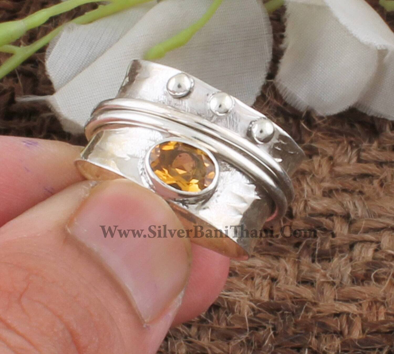 Citrine Silver Spinner Ring | 925 Sterling Silver Faceted Cut Citrine Spinner Ring | Designer Hand Carved Spinner Ring Gift For Her