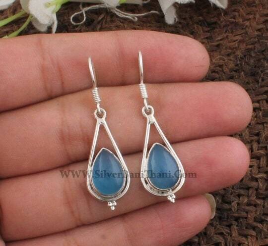 Blue Chalcedony Silver Earrings | 925 Sterling Solid Silver Earrings | Pear Shape Gemstone Earrings | Christmas Gift | Gift For Her2022Etsy